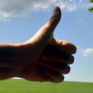 An arm extended with a thumbs up against a backdrop of a clear sky and bright leafy trees