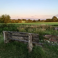 A bench by the canal with a view of fields
