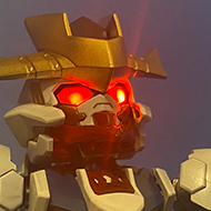 A Super Deformed Cross Silhouette Gundam Barbatos Lupus Rex, with custom paint job giving it deep reds, dark blues, gold claws, and LEDs lighting the eyes. The LEDs cause lens flare, making it look menacing.