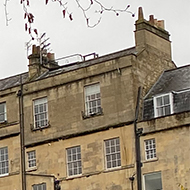 The back of a tall row of terraced houses in Bath stone, with allotments, trees and dead leaves in the foreground