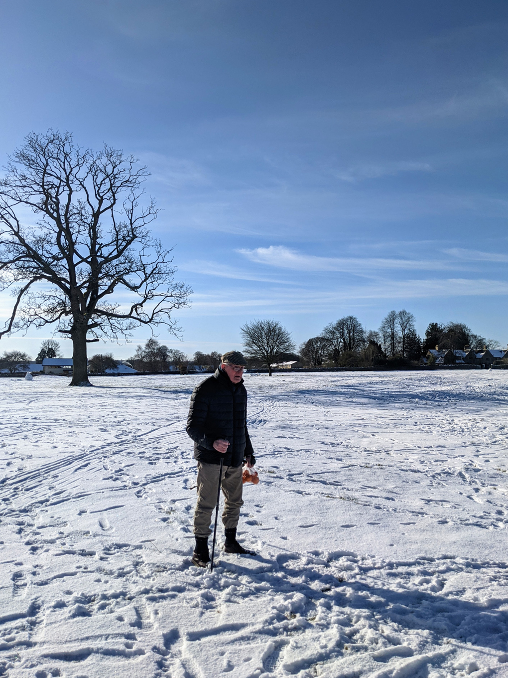 Man walking in snow across a common