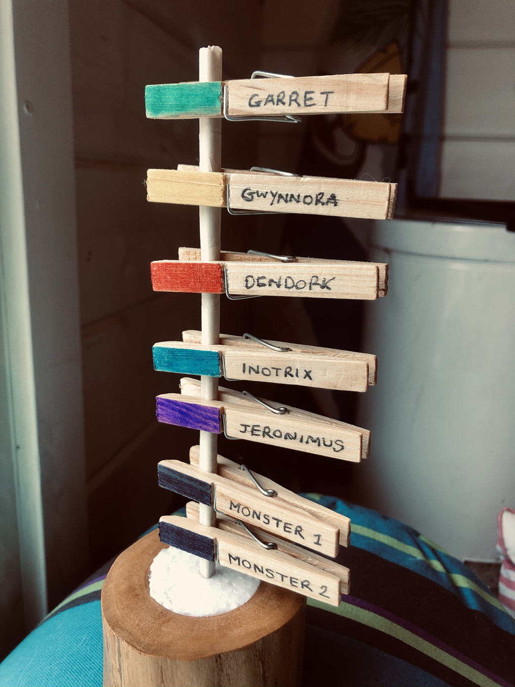 An initiative tracker made from a vertical dowel inserted into a base, with named and coloured clothes pegs for each character