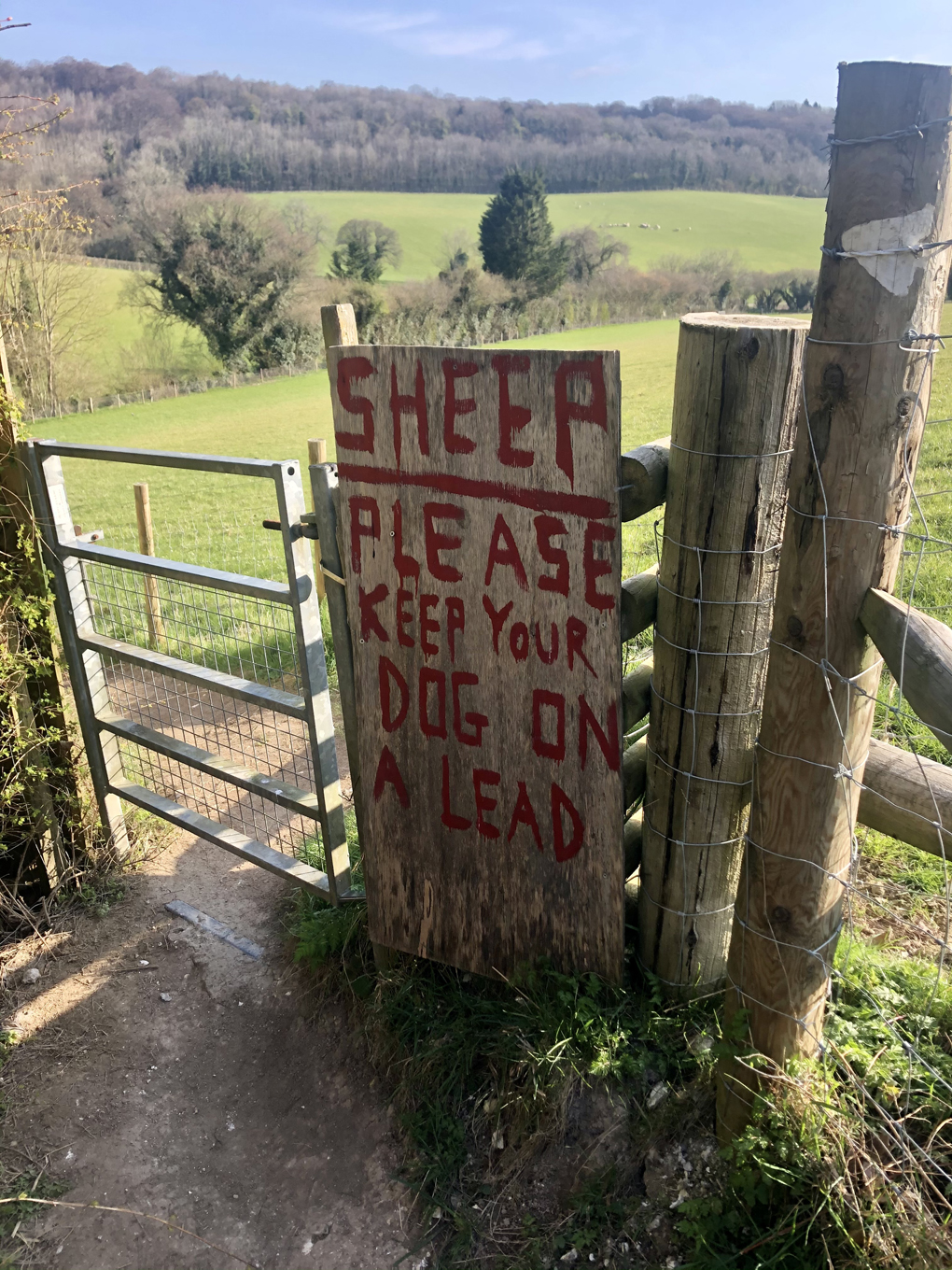 A rural footpath gate into a field, with a makeshift wooden sign next to it reading 