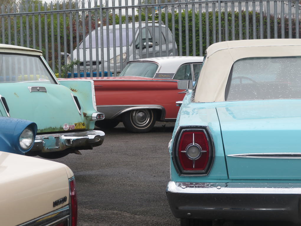 We see a '65 Ford Galaxie 500 convertible on right hand side of the picture parked next to some friends - A mid -90s Lincoln Town Car (beige), front wing of a '56 T bird (blue), rear of a '59 Plymouth wagon (light green) , '59 Ford Skyliner in the background (coral).