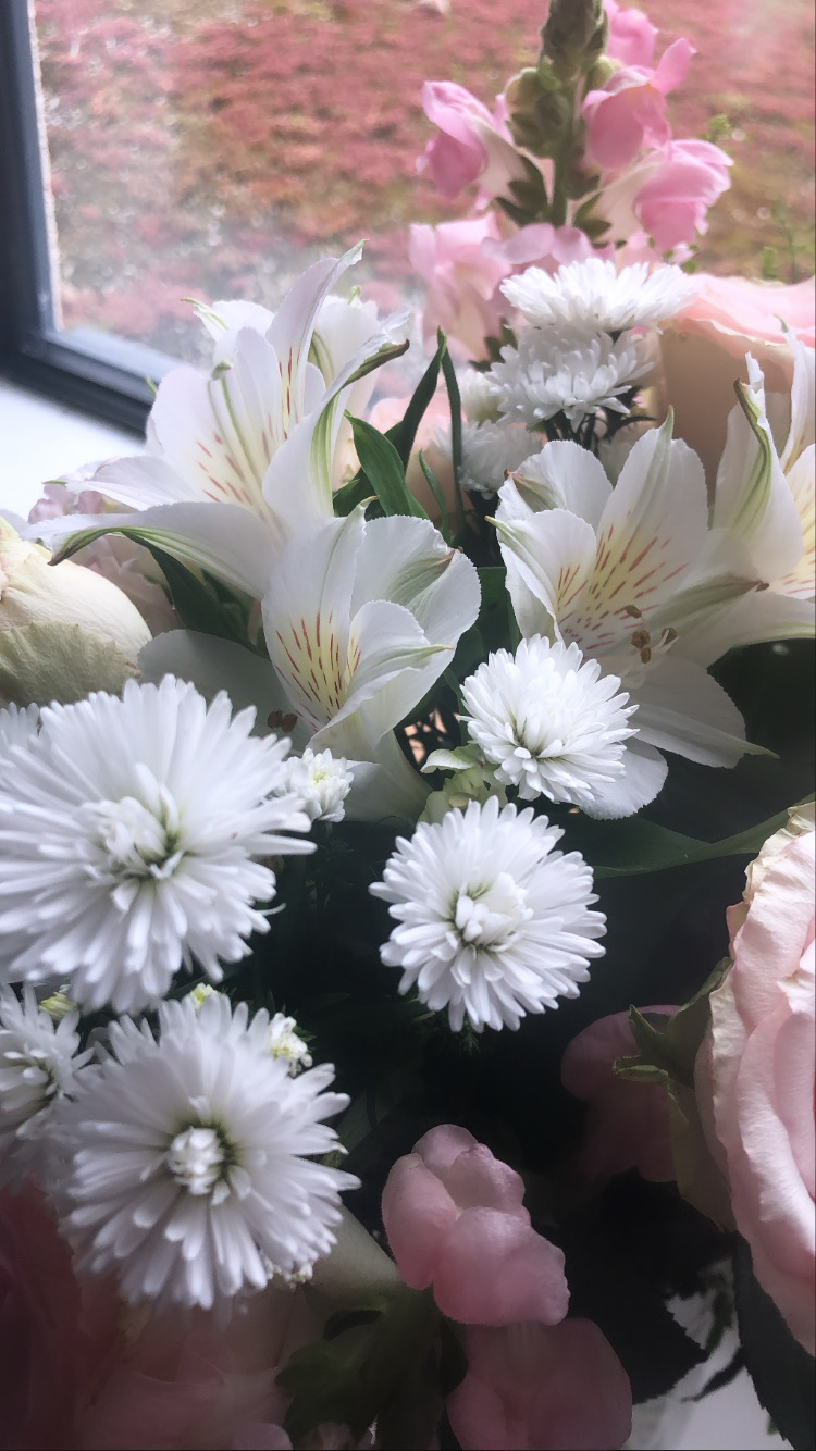 A bunch of white and pink flowers by a window.