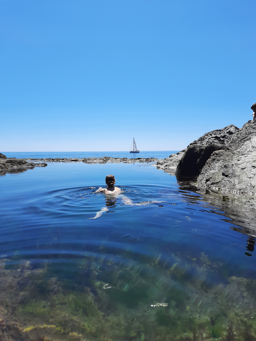 A woman swimming away from the camera in a still sea pool. In the background, a sailing ship passes by.