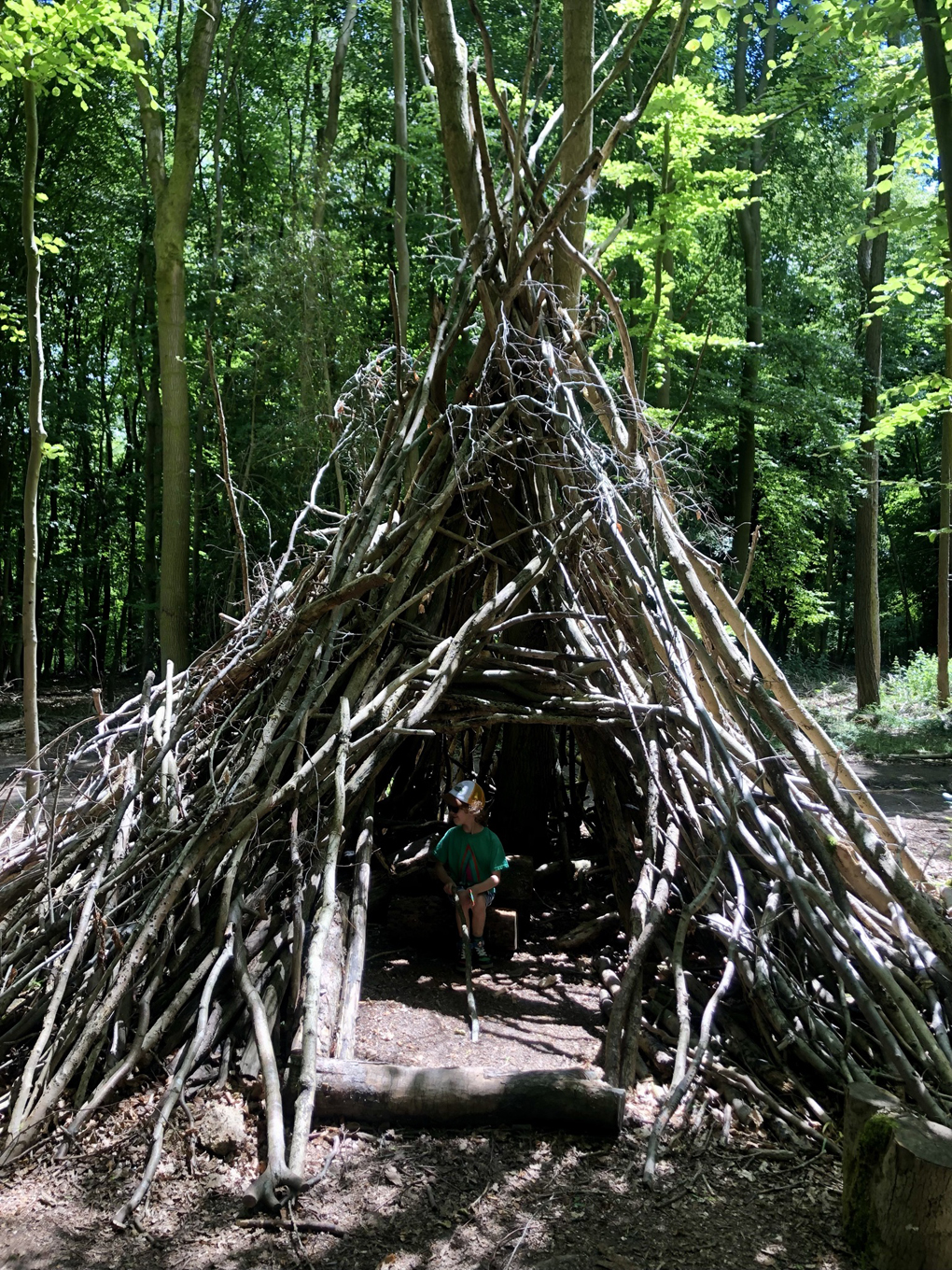 An enormous, teepee-shaped den built from discarded and fallen branches, situated in woodland with dappled light, with a child inside to show off the scale of the build