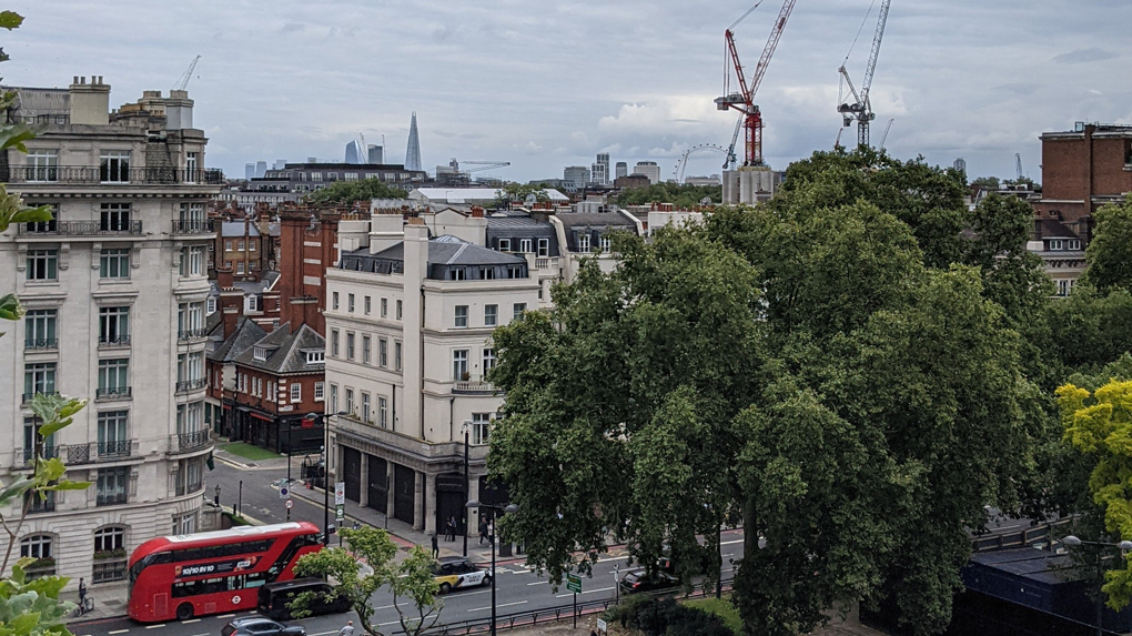 The London skyline featuring The Shard and the London Eye