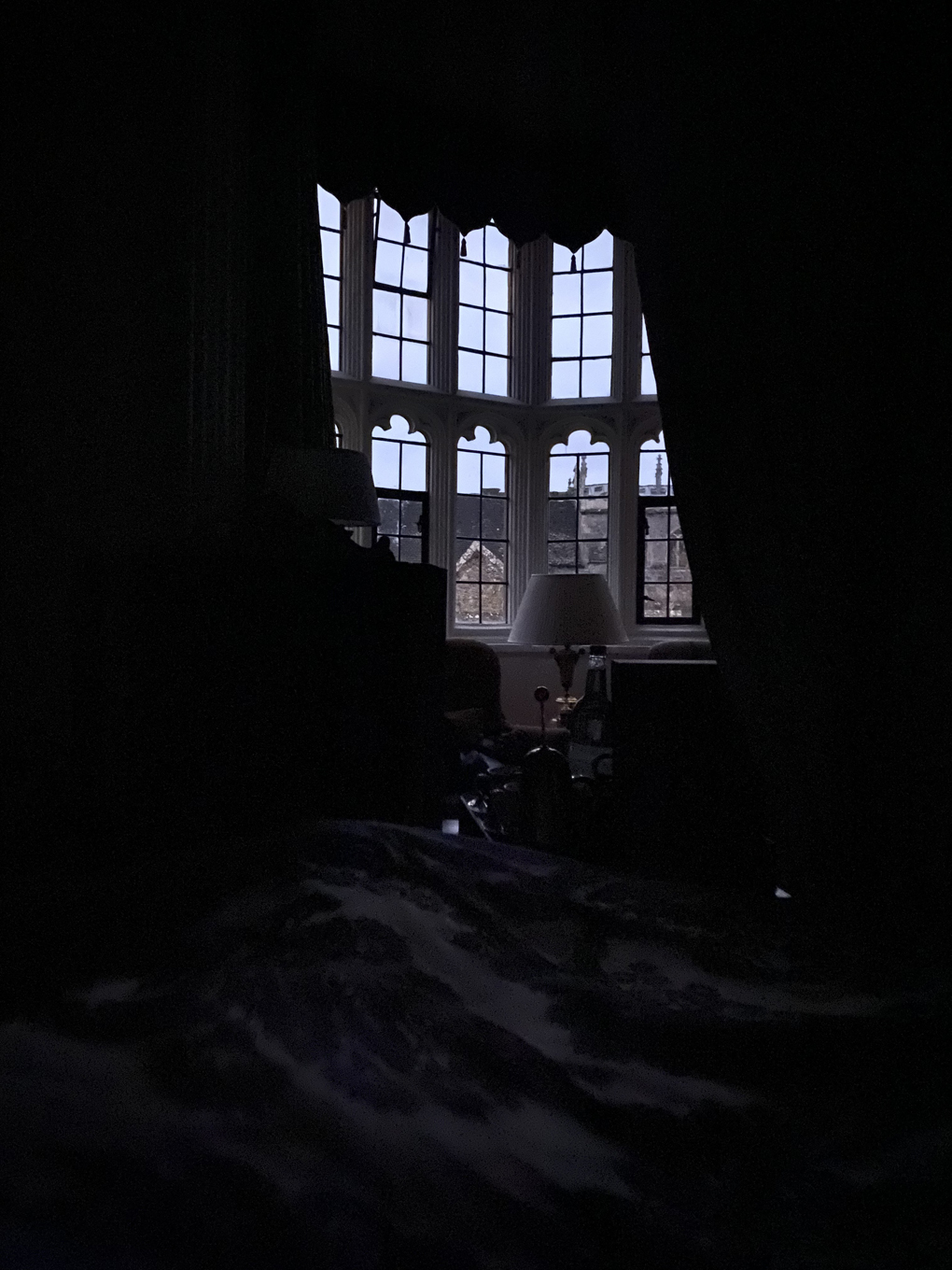 The view of a church roof out of an ornate window. The room is very dark.