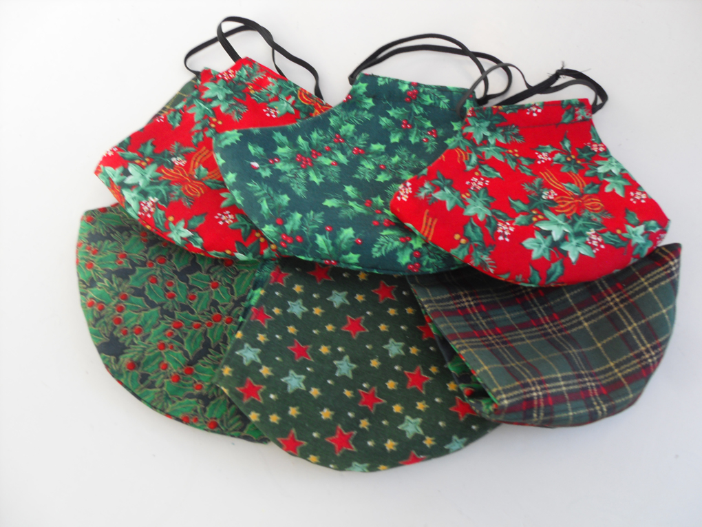 fabric face-coverings made with Christmas print fabrics