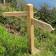 A wide shot of a coastline in the bright sunshine, curved beach in a secluded cove, in the forefront surrounded by bright flowers is a signpost with multiple directions