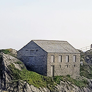 A small boat in the centre of a curved bay with cliffs reaching high behind. In the foreground, tall white flowers frame the scene.