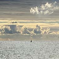 A view of the sea with the beach in the foreground and dramatic clouds in the background