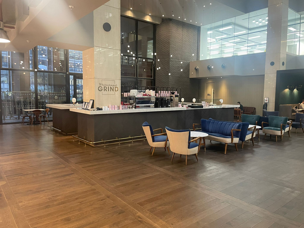 Empty coffee bar in the foyer of Whitechapel Building, London