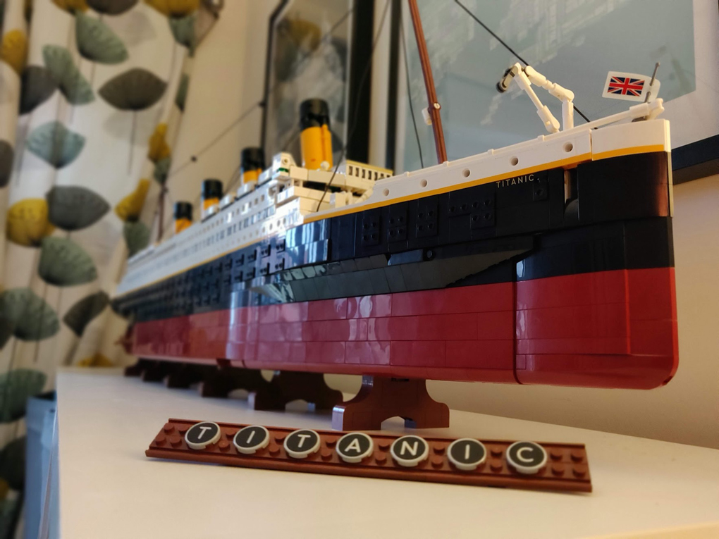 Image of the completed Lego Titanic on the shelf.