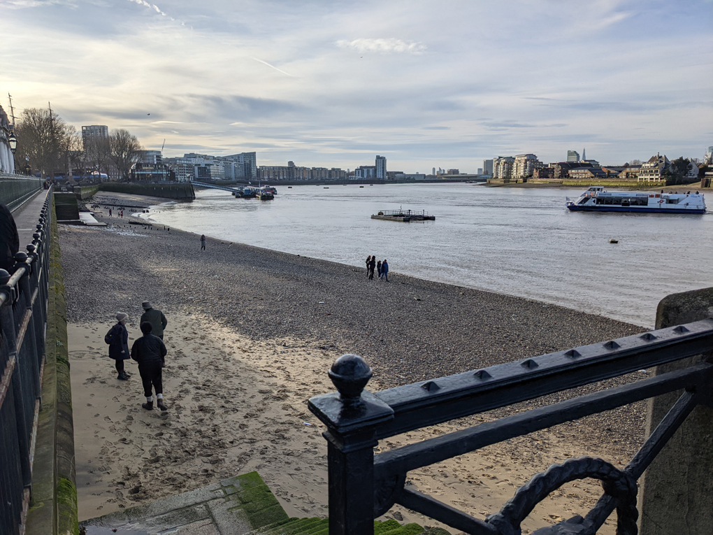 A view of the Thames from Greenwich showing the beach by the shore looking towards London