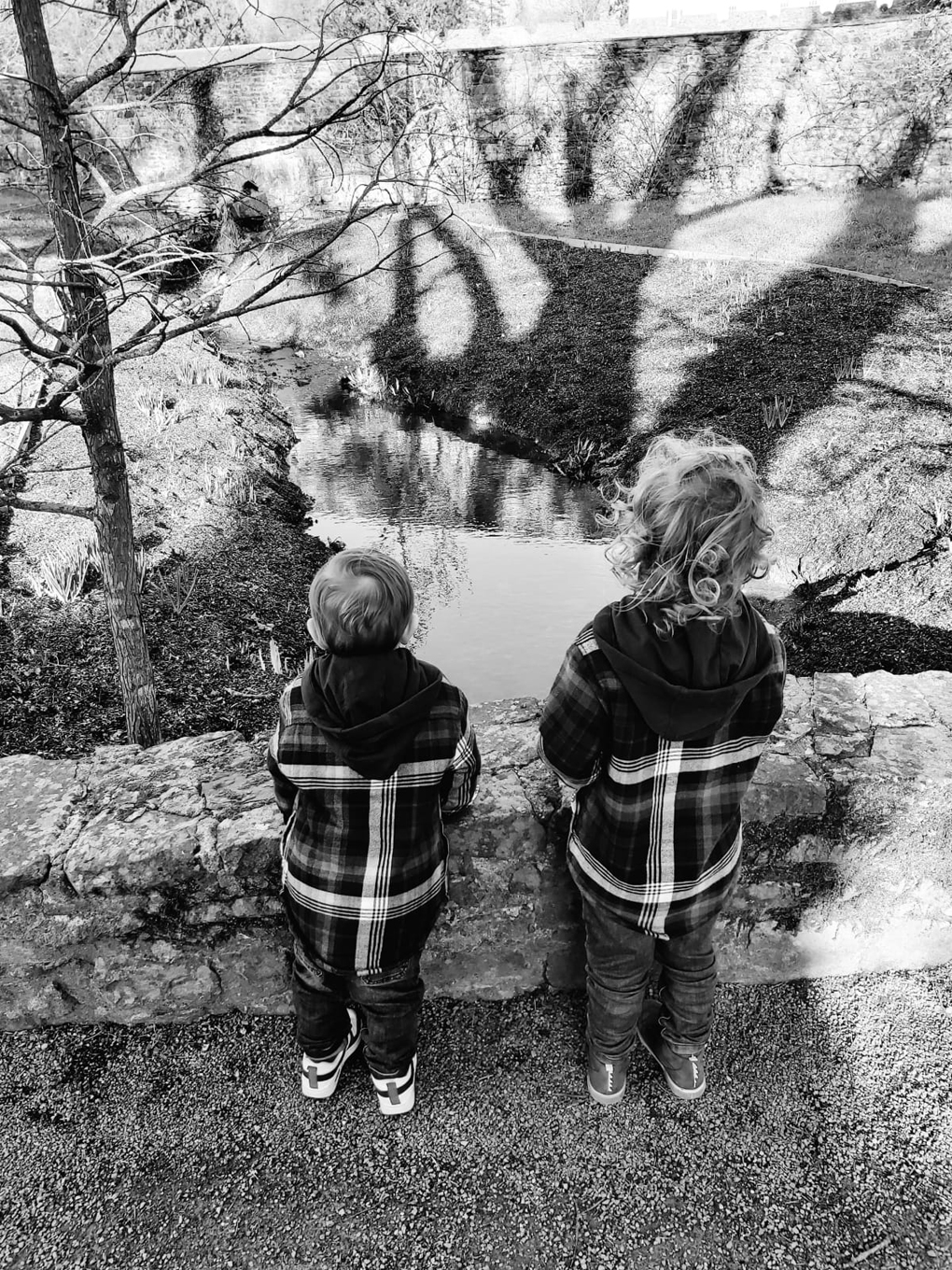 On an excursion round a lovely old garden my two grandsons stopped on a low stone bridge to look at water gushing out of the opposite taller wall forming a meandering stream flanked by shallow banks bedecked by long eerie shadows made by the trees in the sunshine.
