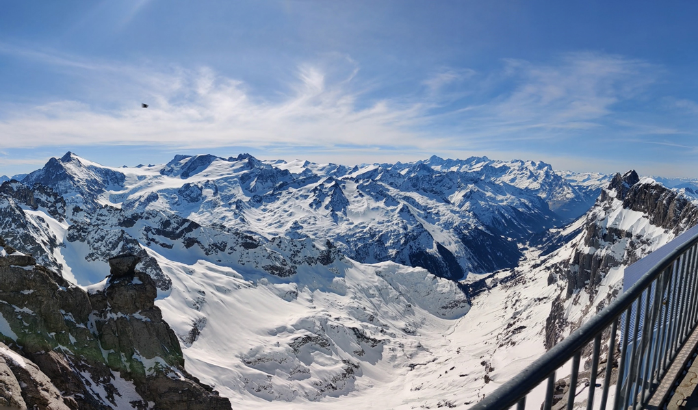 Photo taken at 1pm from viewing platform 3020m above sea level at Klein Titlis, Engelberg, looking south. Looks over the backcounty views of the non-skiing side of Mount Titlis