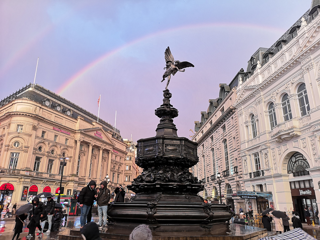 Rainbow over Picadilly Circus in London