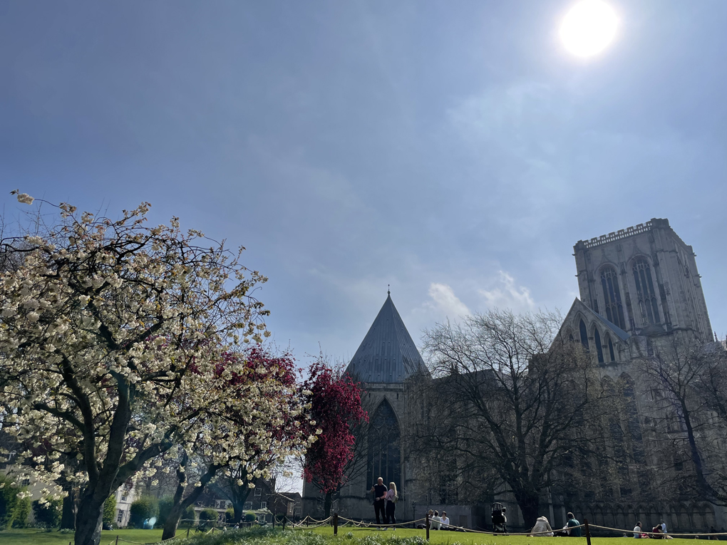 York Minster gardens with sun shining