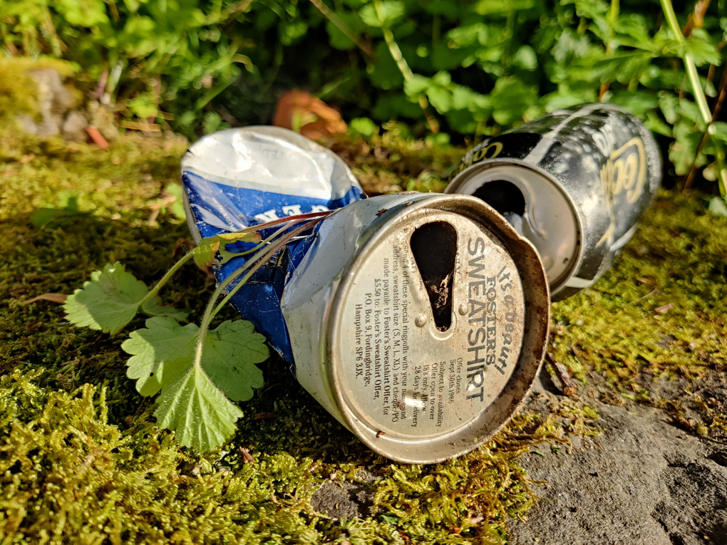 A crumpled old Foster's lager can, with a plant growing out of it, advertising a special offer. It's a beaut! Foster's Sweatshirt. Offer closes September 30th 1986.