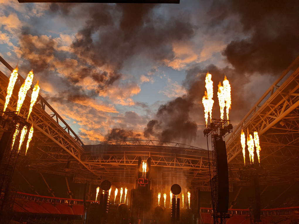View from inside Cardiff Stadium as giant pillars of flame reach up through the roof