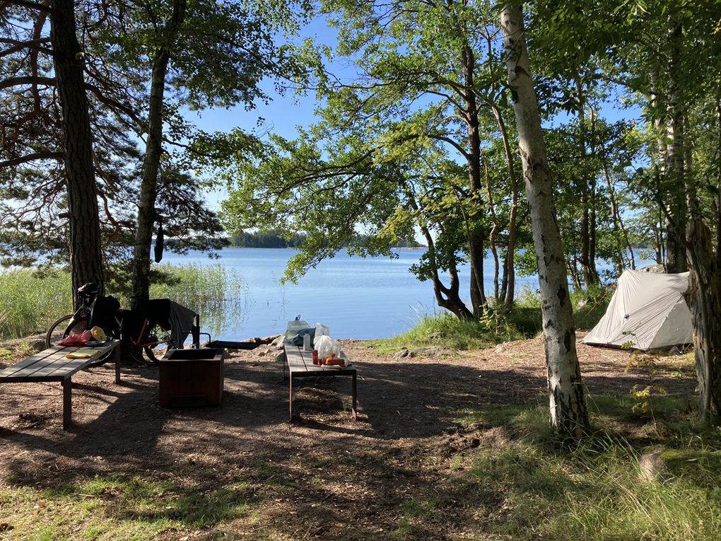 Tent and other stuff by a small forest beach.