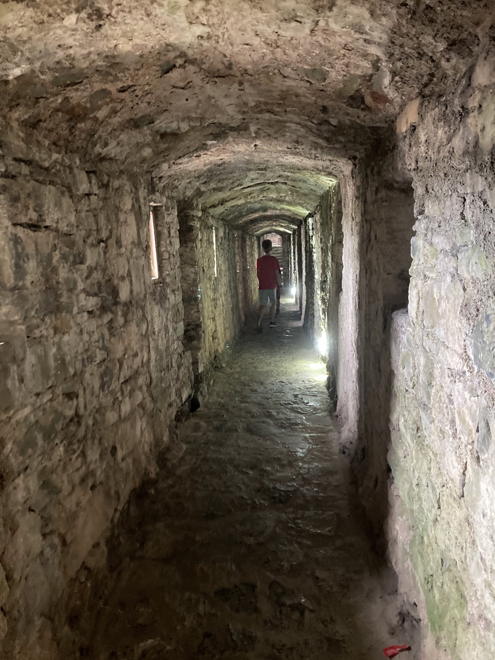 Image of my son Josh walking through one of the illuminated castle corridors.