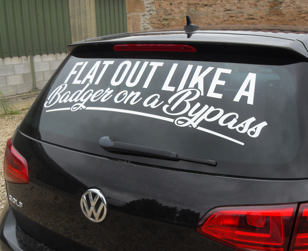 slogan on rear window of car that says 