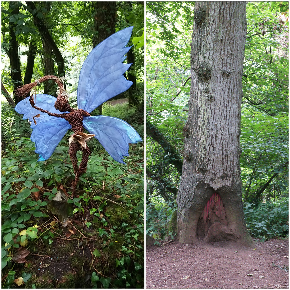 A tree with a small red door painted on to the base of the trunk.  And a woodland fairy sculpture with blue wings.