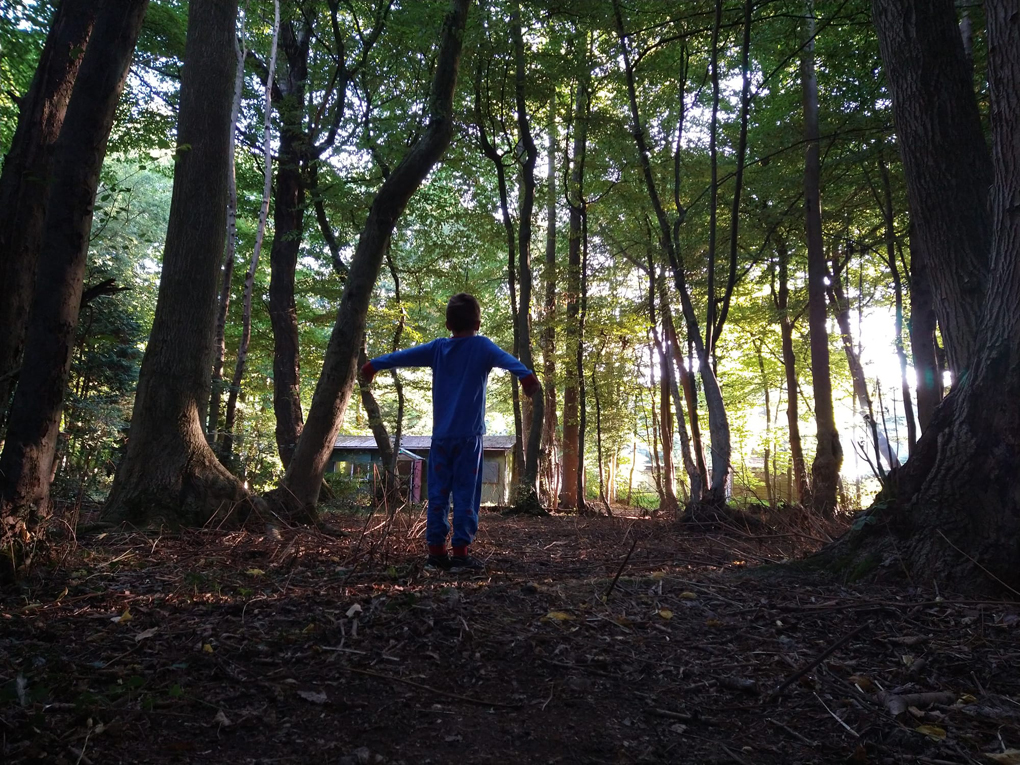 child in pyjamas in a woodland