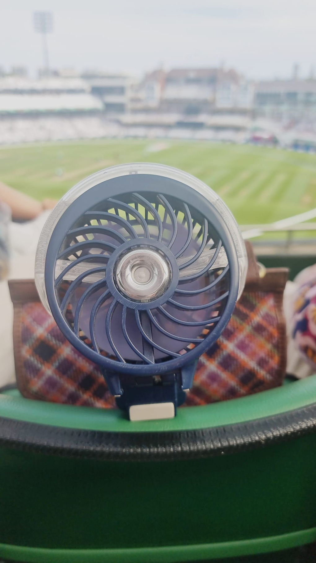 View over a cricket pitch with a fan in the foreground