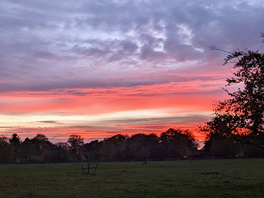 Red sky over Minchinhampton Common at sunset.