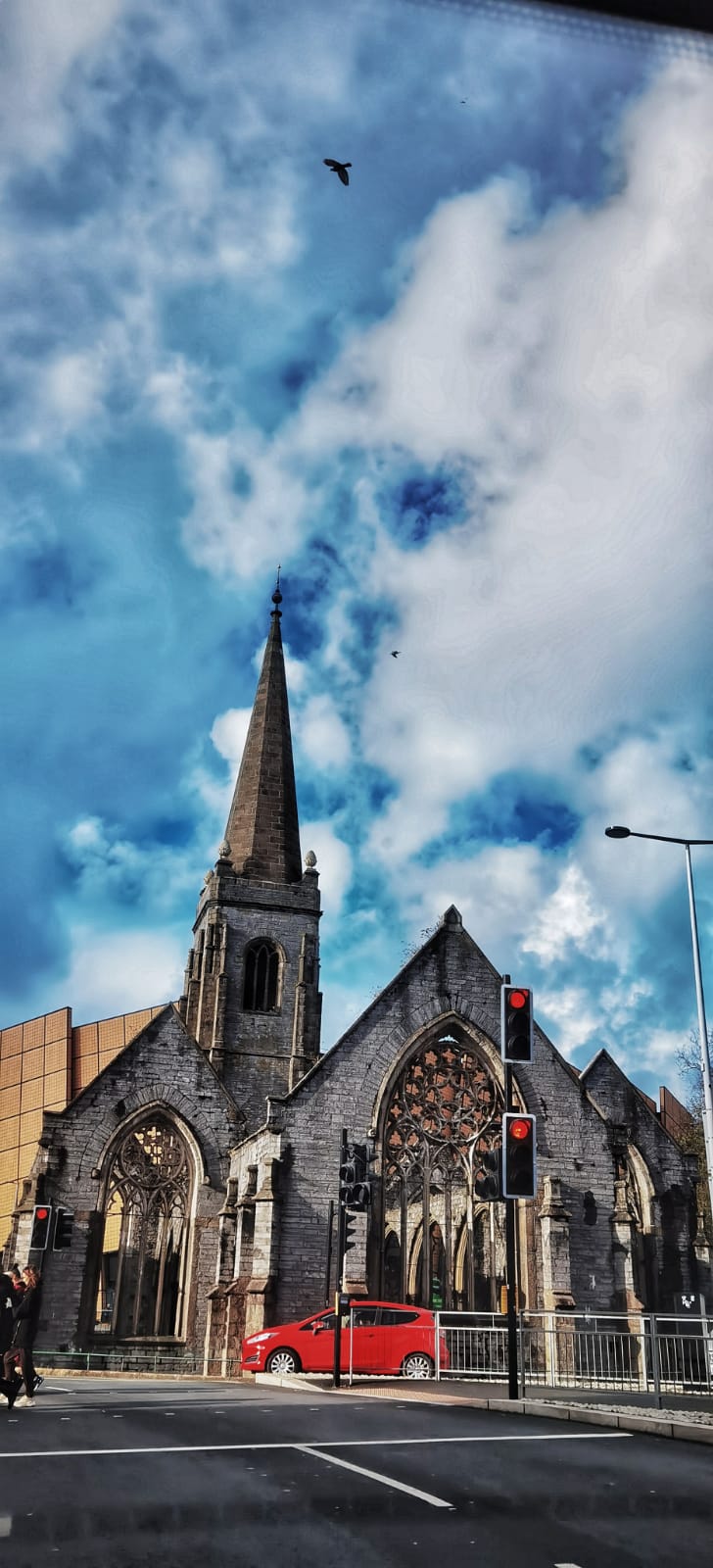 Blue sky over a church in Plymouth