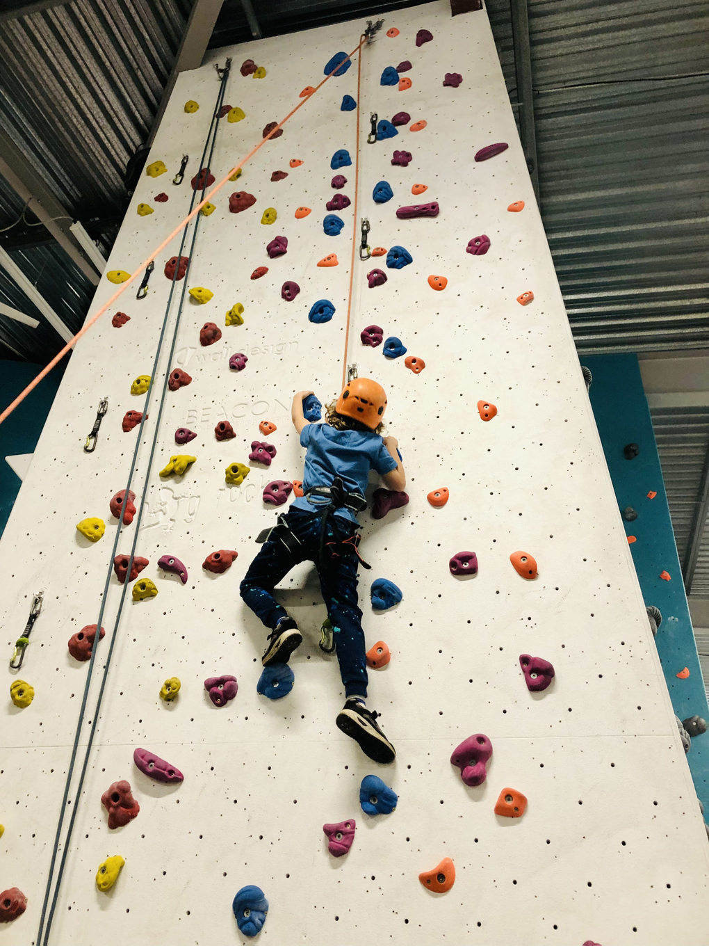 A small boy climbing up an indoor sports climbing wall.