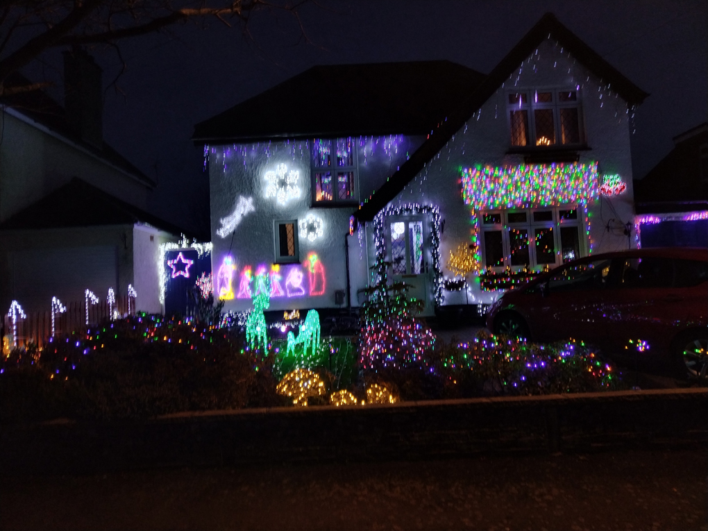 It's a front garden with every shrub and tree covered in sparkling lights. There are also  Reindeers on the lawn and a nativity scene and stars and cascading coloured lights on the front wall of the house