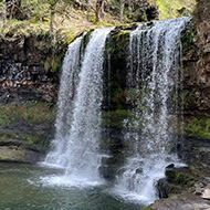 A waterfall in a Welsh forest running into a clear water pool