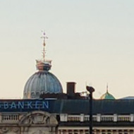 Looking East across Norrstrom at 9:45 at night, past the Opera House at the Handelsbanken head office