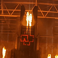 View from inside Cardiff Stadium as giant pillars of flame reach up through the roof