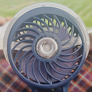 View over a cricket pitch with a fan in the foreground