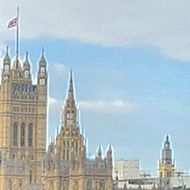On the left, the Palace of Westminster sits across the river, the flag flies at half mast. The right side of the photo is a queue of people, two abreast as far as can be seen