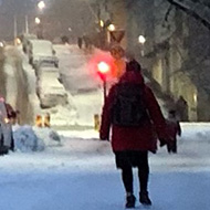 Snowy street at dusk