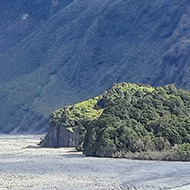 A landscape view taking from a footpath. In the background, tall mountains crested with snow shape a dramatic V-shaped valley where an icy bue river cuts between them. In the foreground, lush bright vegetation surrounds a fallen log and moss covers every surface.