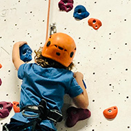 A small boy climbing up an indoor sports climbing wall.