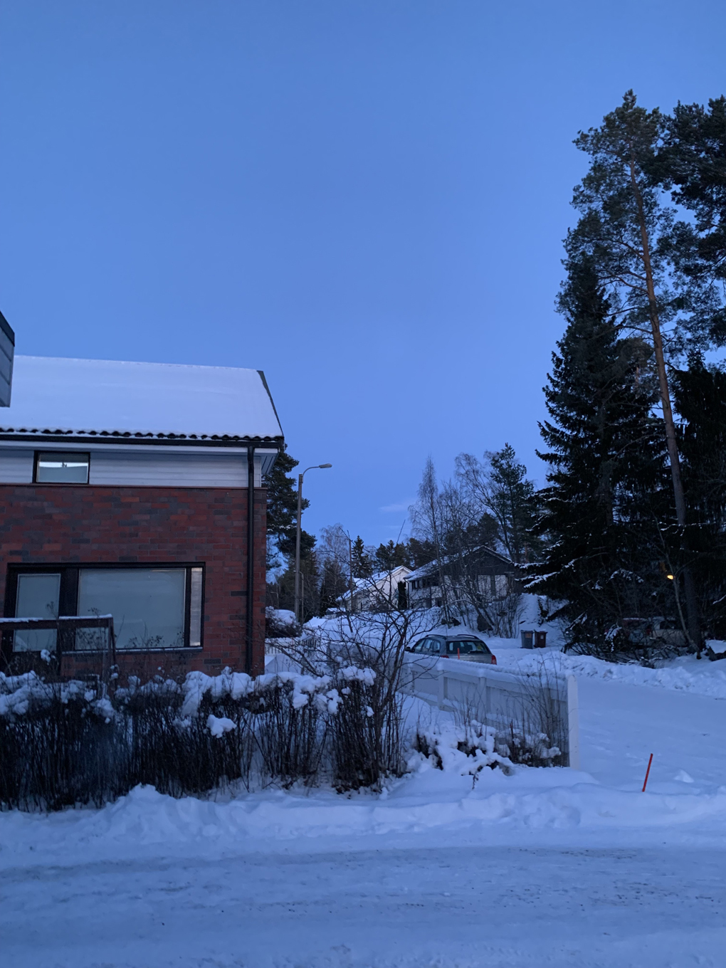 Snowy road and houses.