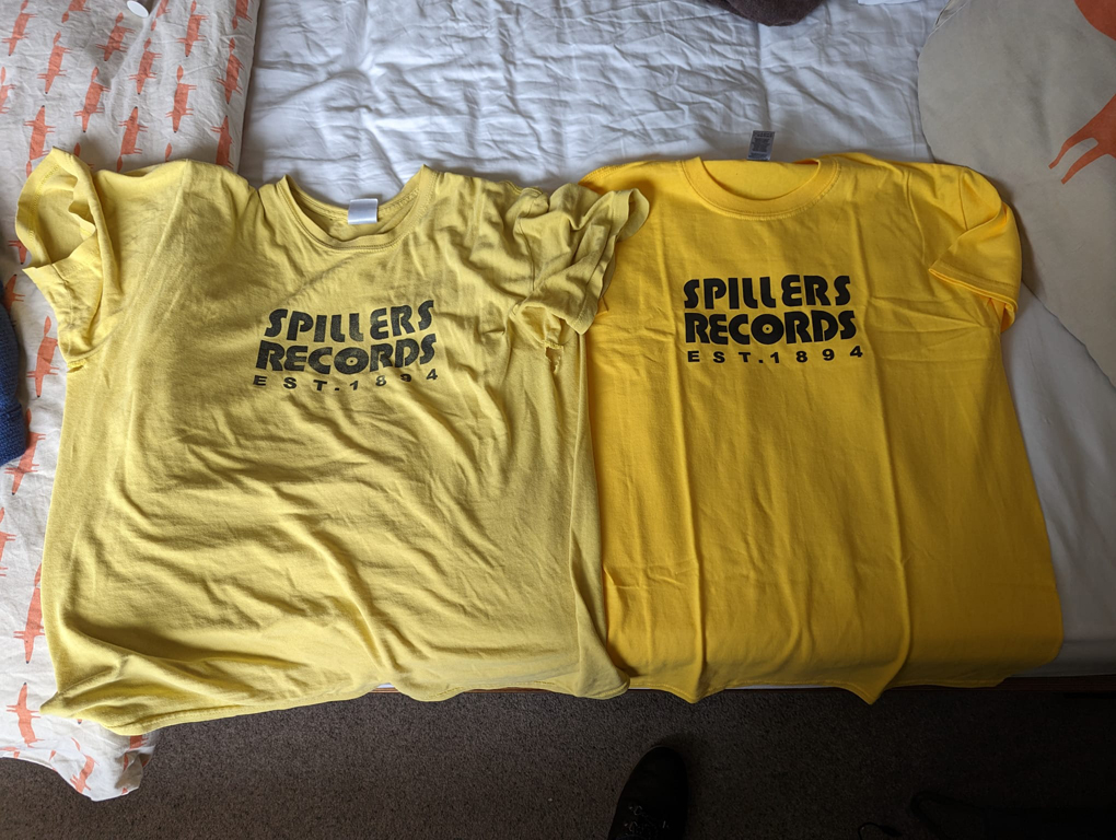 Two yellow t-shirts, the one on the left extremely faded.