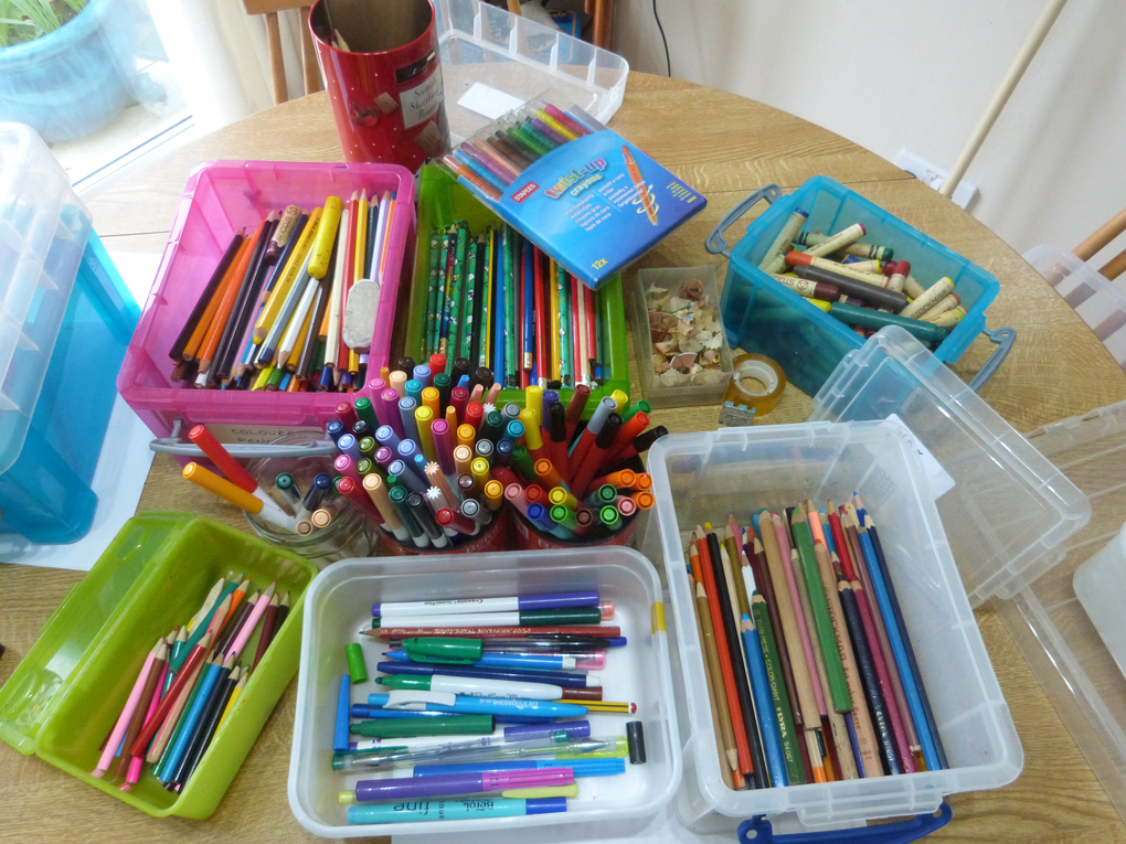 A recent sort-out of multiple boxes of coloured pencils, biros, wax crayons and felt-tips left a tidier but no less colourful arrangement.