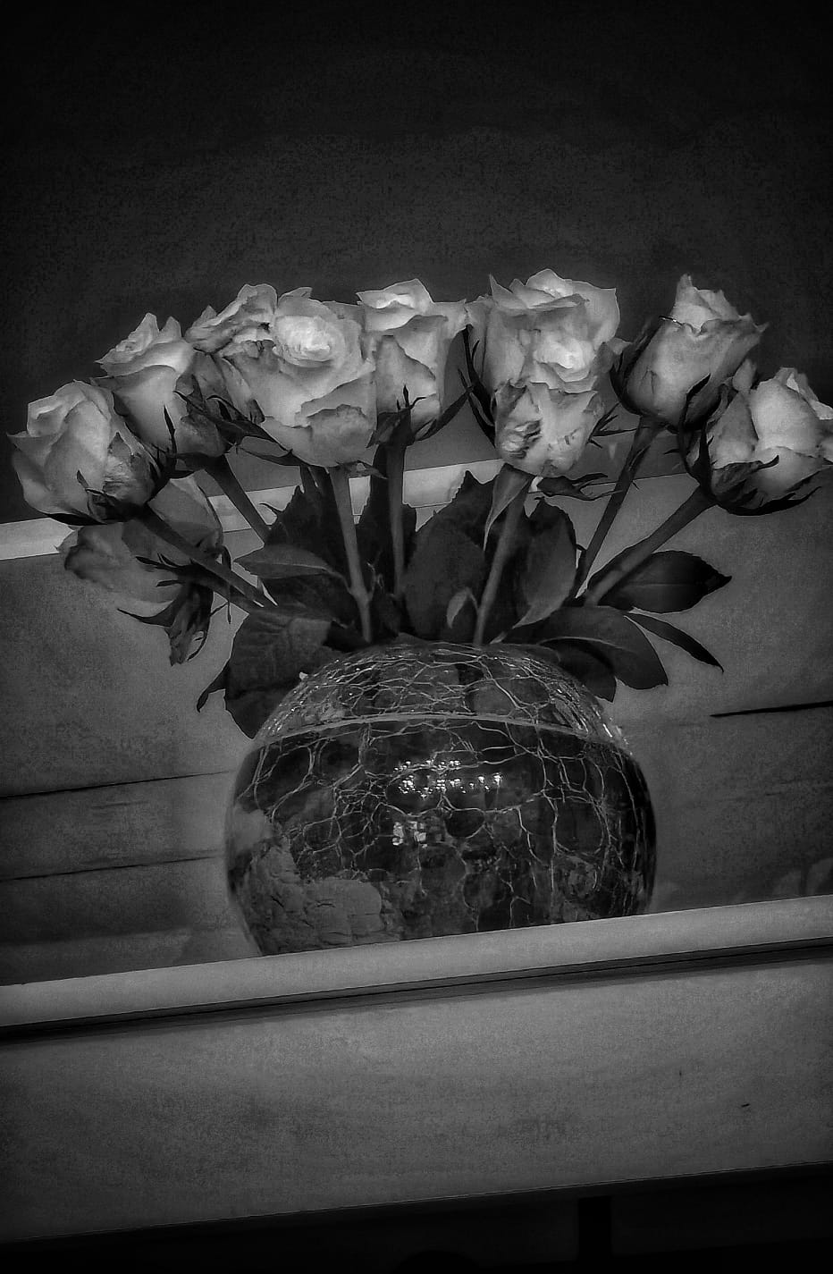 Black and white picture of flowers in a vase