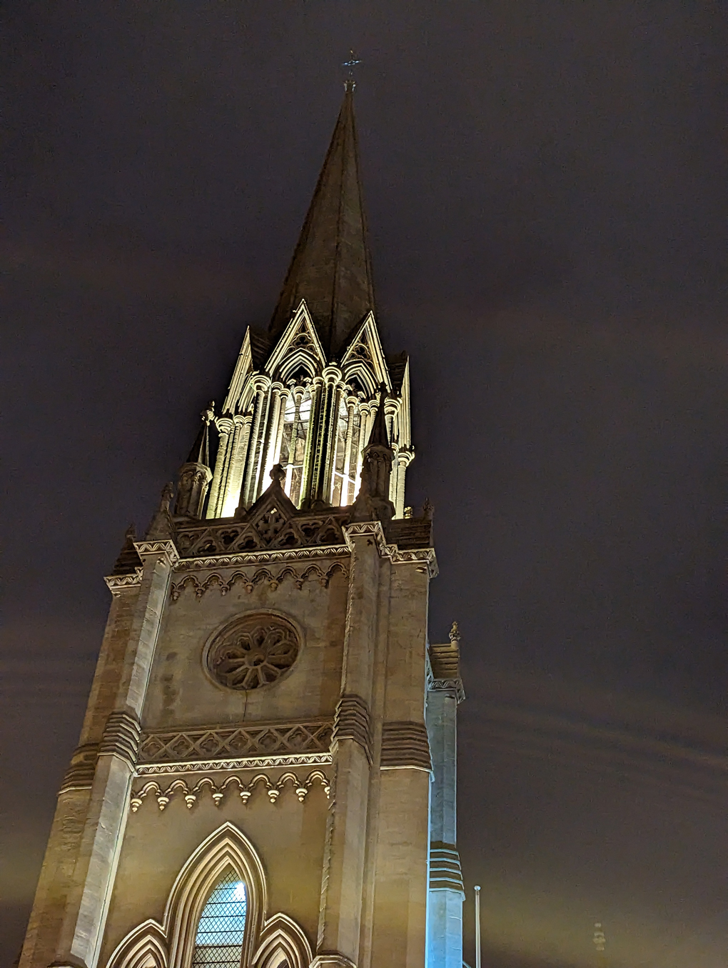 Church tower at night with uplighting