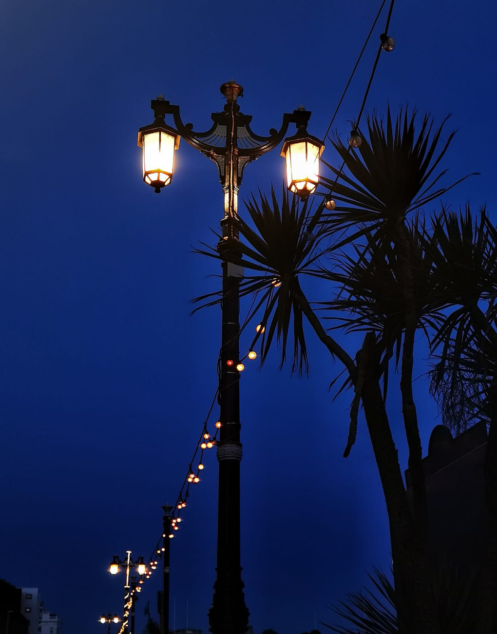 Double lamp post lit at night